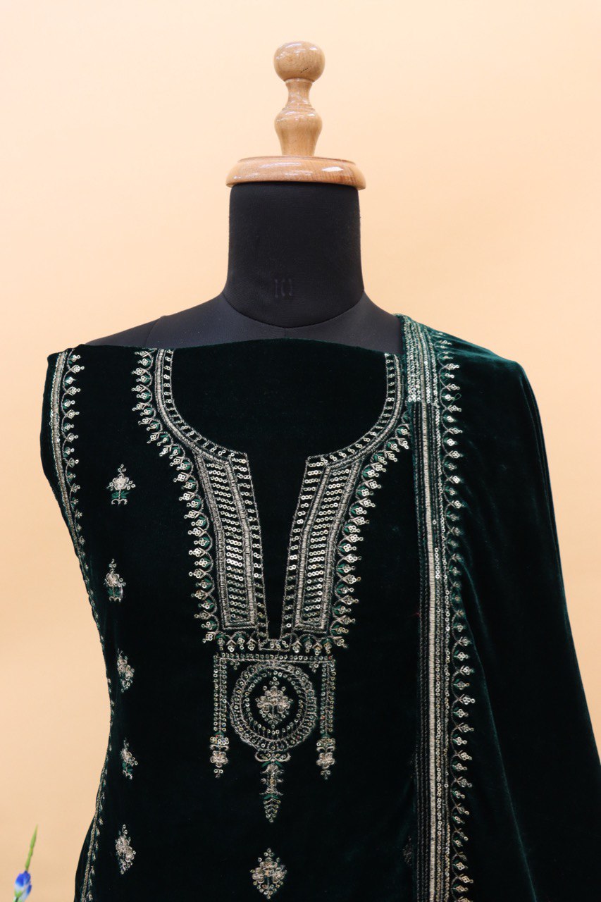 Green Velvet Embroidered Salwar Suit Unstitched Dress Material