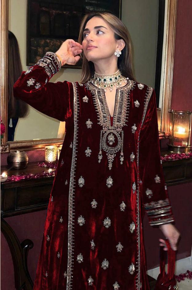 Maroon Velvet Embroidered Salwar Suit Material with Sequence Work
