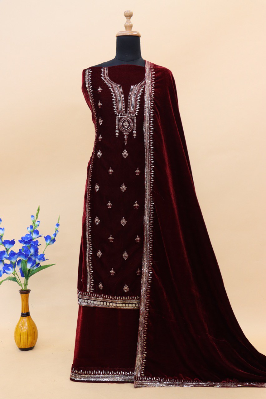 Maroon Velvet Embroidered Salwar Suit Material with Sequence Work