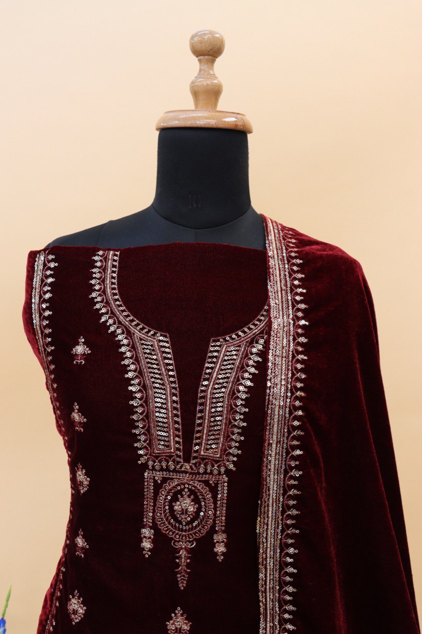 Maroon Velvet Embroidered Salwar Suit Material with Sequence Work