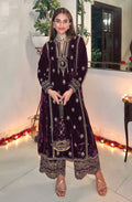 Luxurious purple velvet salwar suit material with detailed embroidery and sequence accents