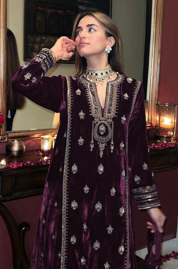 Purple Velvet Embroidered Salwar Suit Material with Sequence Work