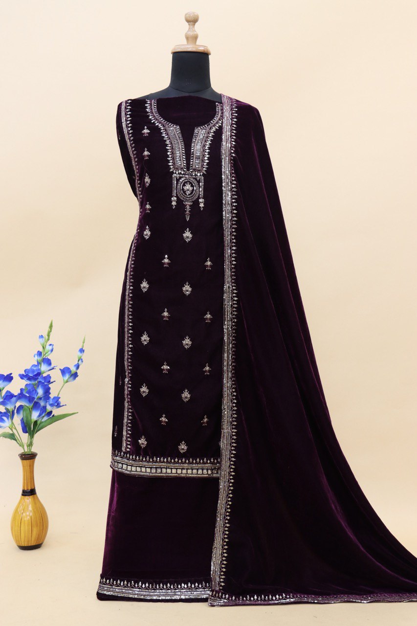 Purple Velvet Embroidered Salwar Suit Material with Sequence Work