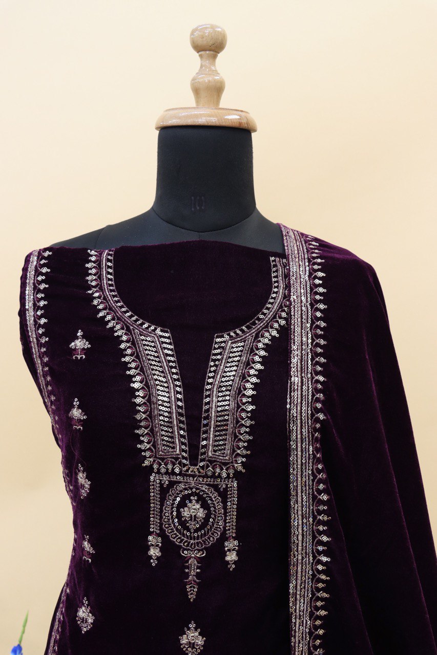 Purple Velvet Embroidered Salwar Suit Material with Sequence Work