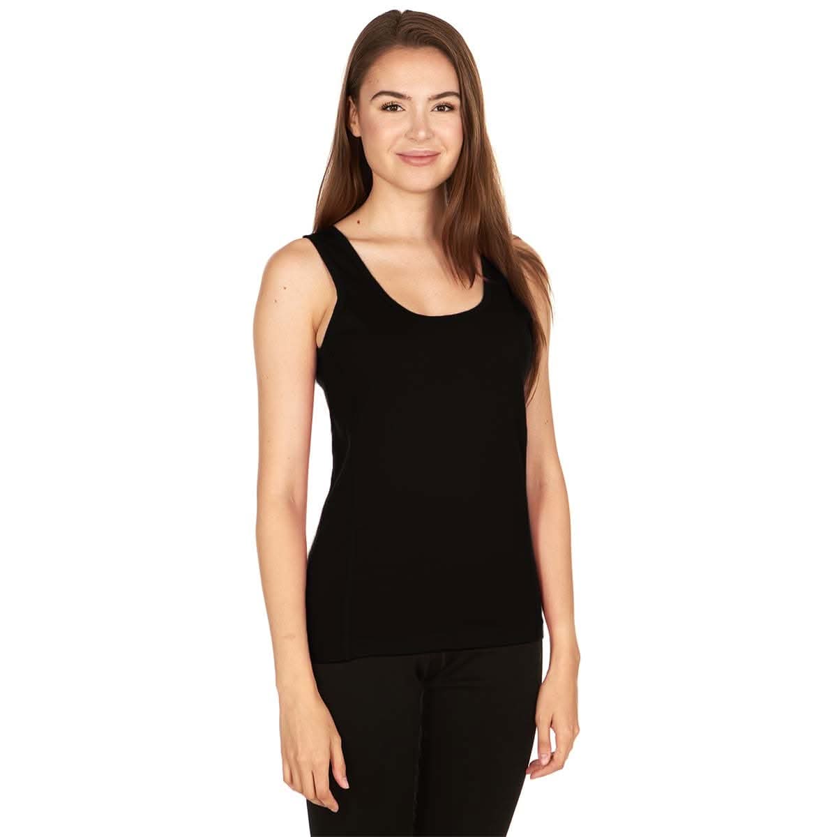 A woman wearing a lightweight black Merino wool tank top, highlighting the minimalist sporty design.