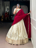 Offwhite Dola silk lehenga choli with traditional gold zari weaving border