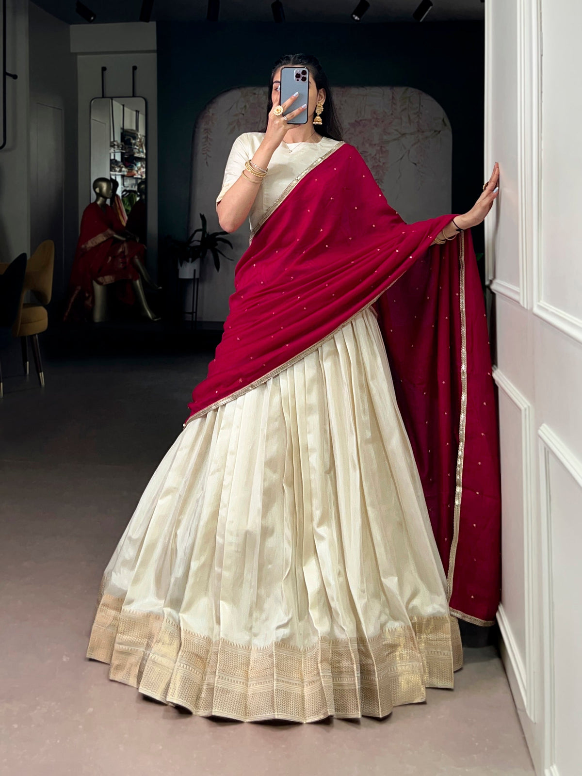 Offwhite Dola silk lehenga choli with traditional gold zari weaving border