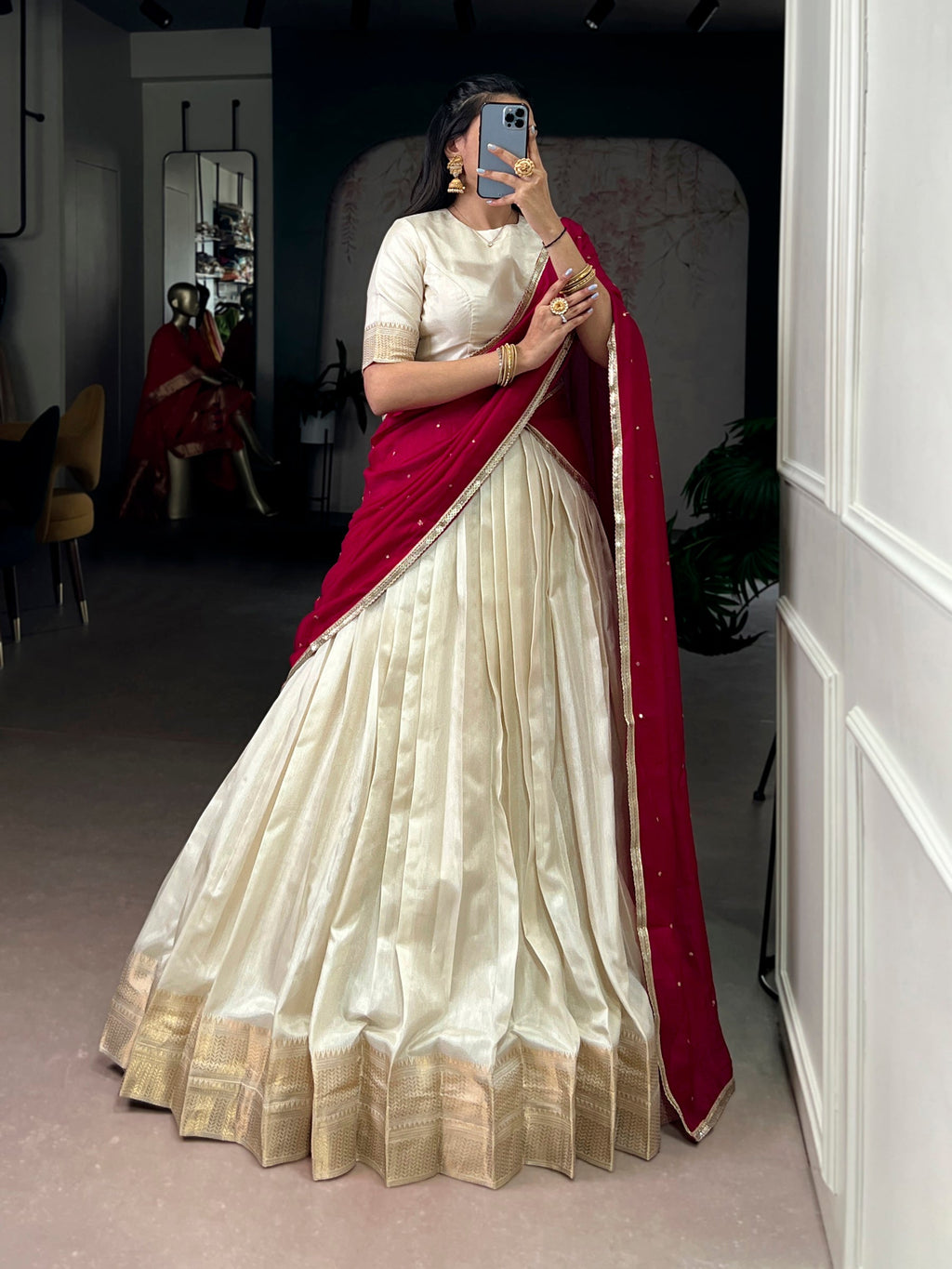 Offwhite Dola Silk Zari Border Lehenga Choli with Dupatta