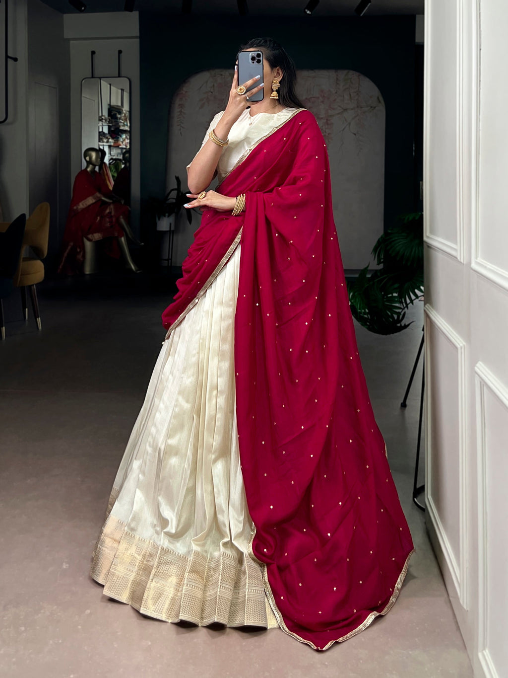 Offwhite Dola Silk Zari Border Lehenga Choli with Dupatta