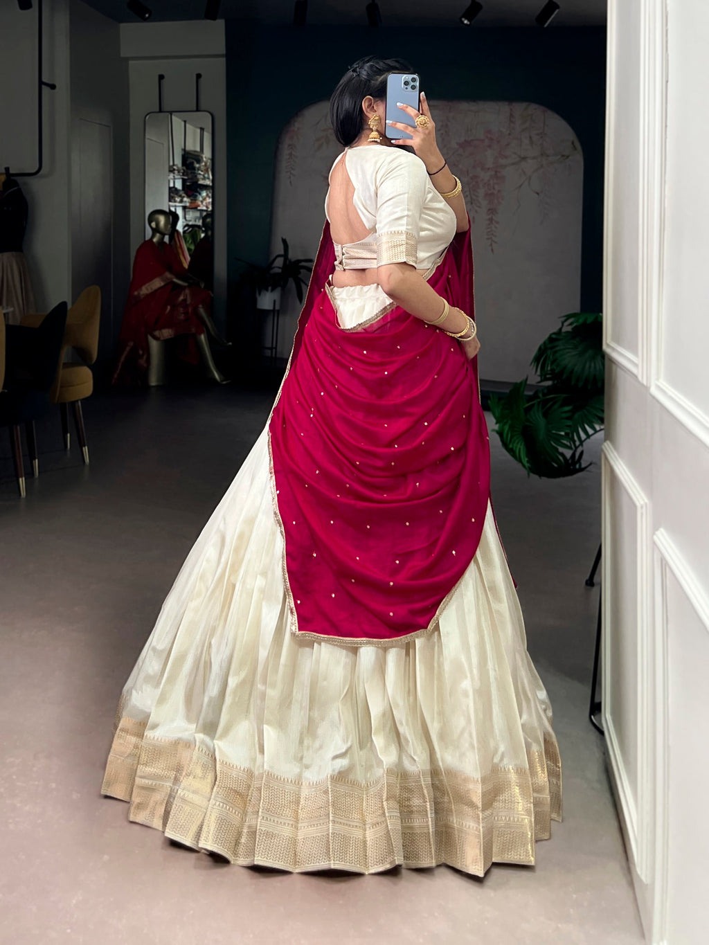 Offwhite Dola Silk Zari Border Lehenga Choli with Dupatta