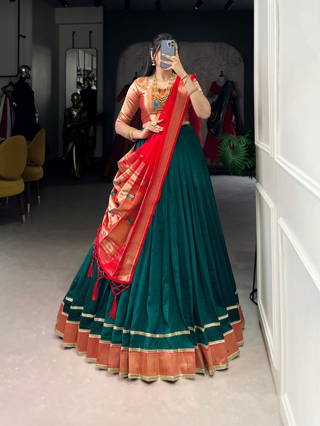 Green Vichitra Silk lehenga choli with intricate zari weaving and lace border