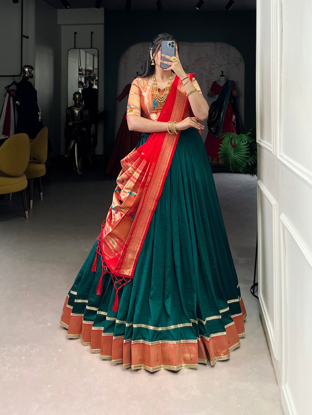 Green Vichitra Silk Lehenga Choli with Zari Weaving