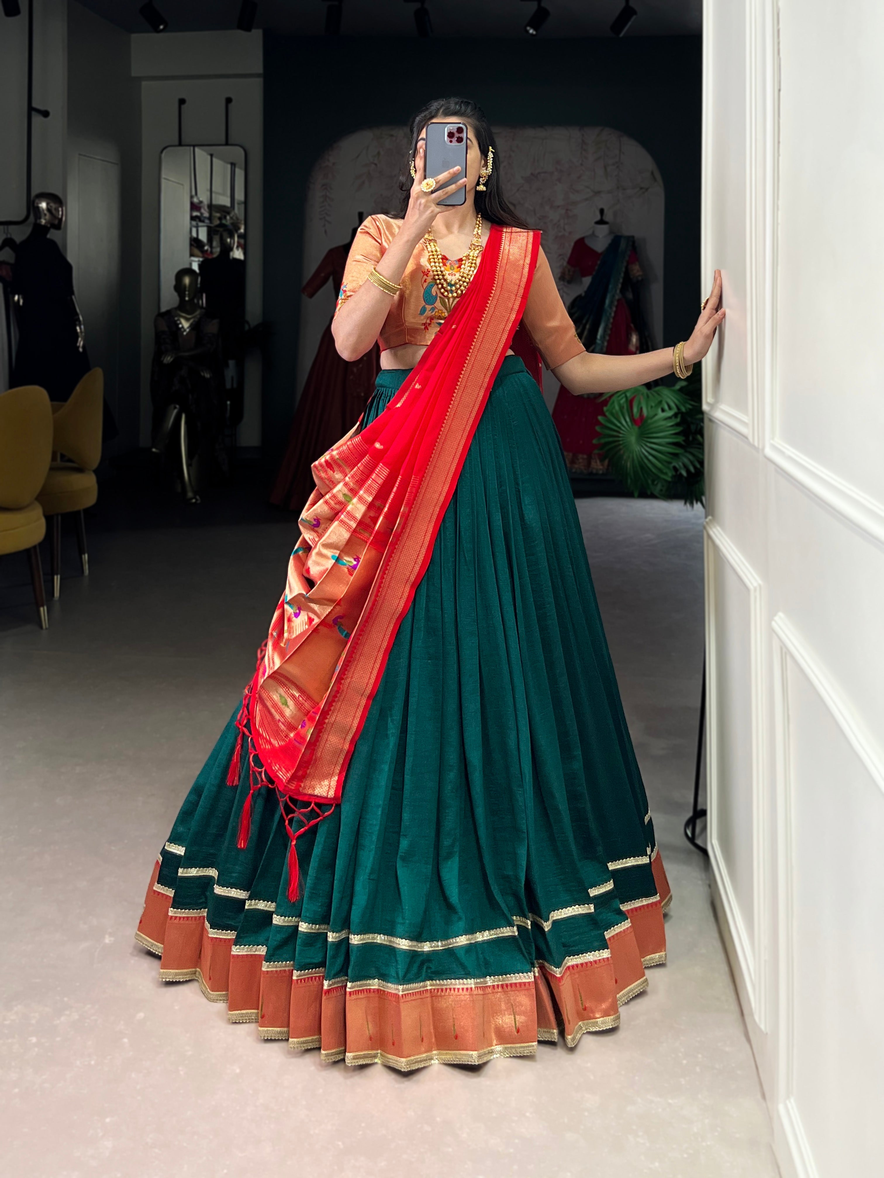 Green Vichitra Silk Lehenga Choli with Zari Weaving