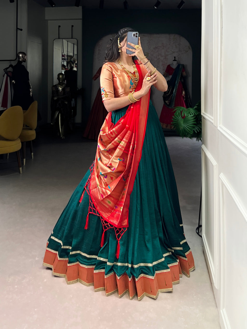 Green Vichitra Silk Lehenga Choli with Zari Weaving