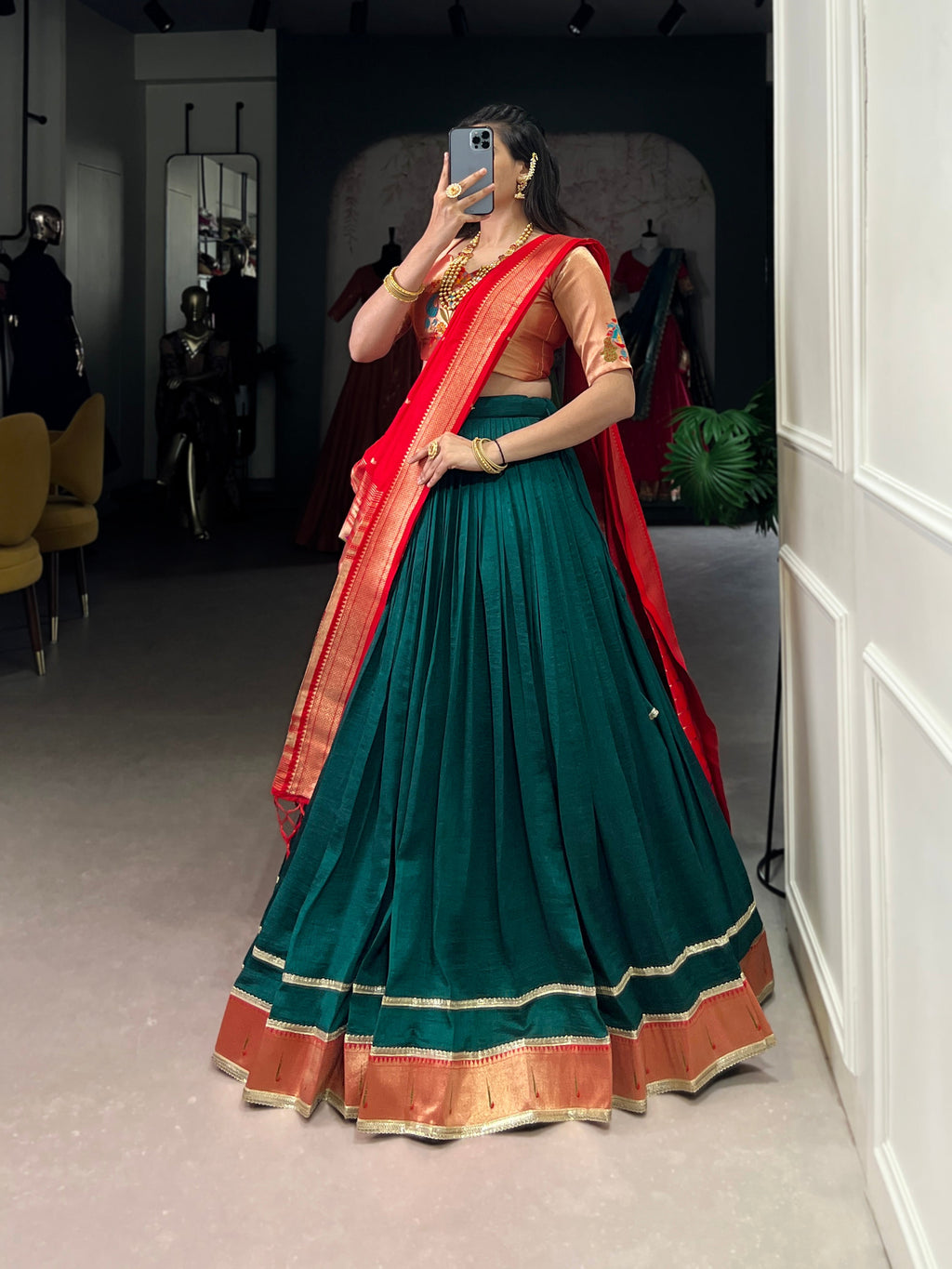 Green Vichitra Silk Lehenga Choli with Zari Weaving