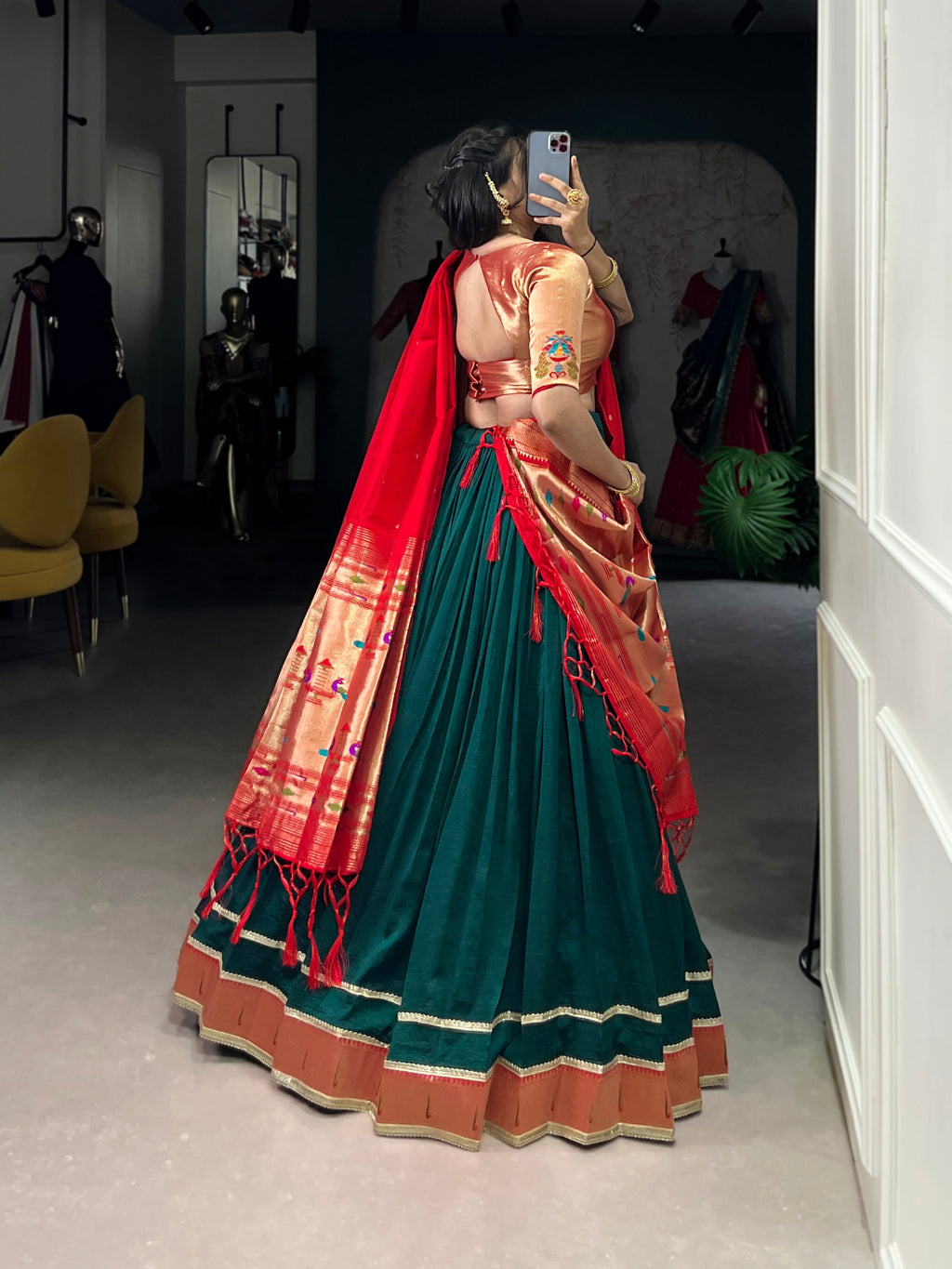 Green Vichitra Silk Lehenga Choli with Zari Weaving