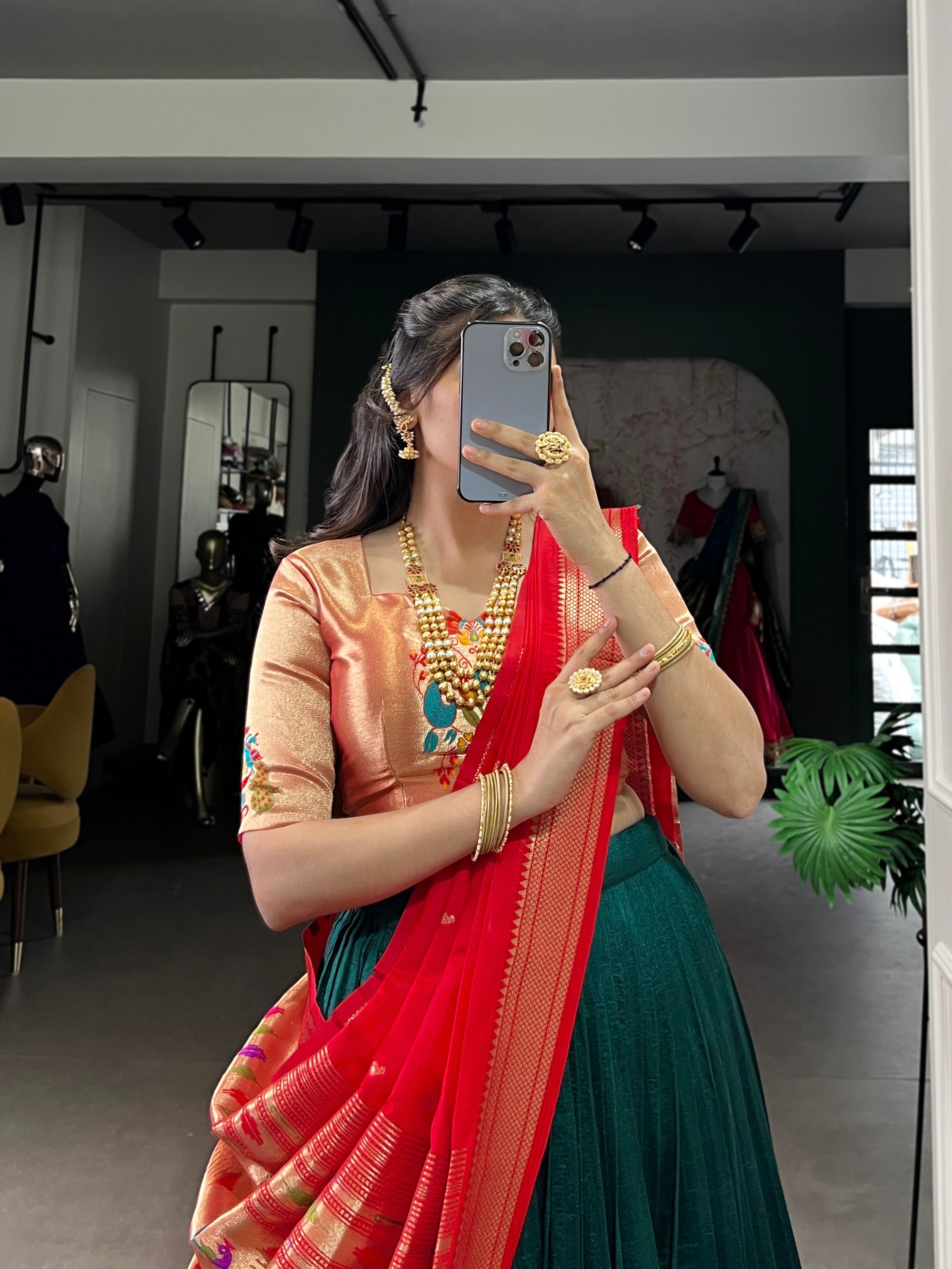Green Vichitra Silk Lehenga Choli with Zari Weaving