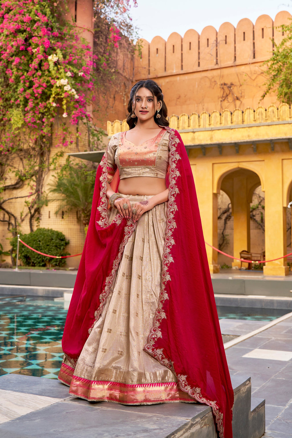 Cream Slub Kota Zari Weaving Lehenga Choli with Paithani Border