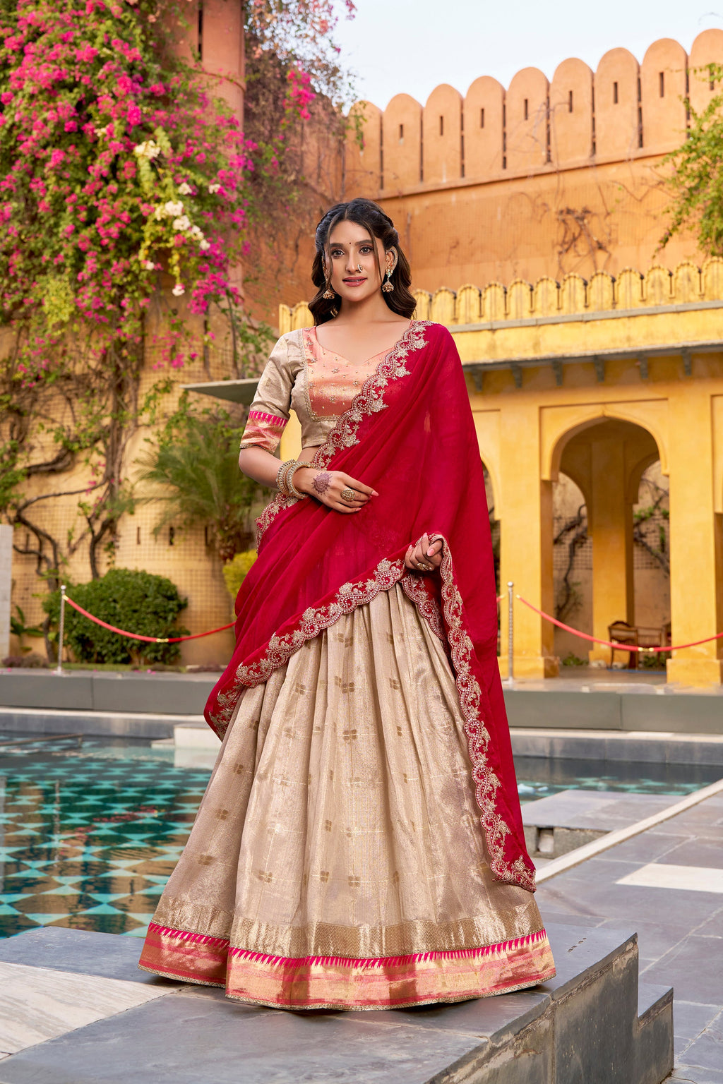 Cream Slub Kota lehenga choli with gold Zari weaving and Paithani jacquard border