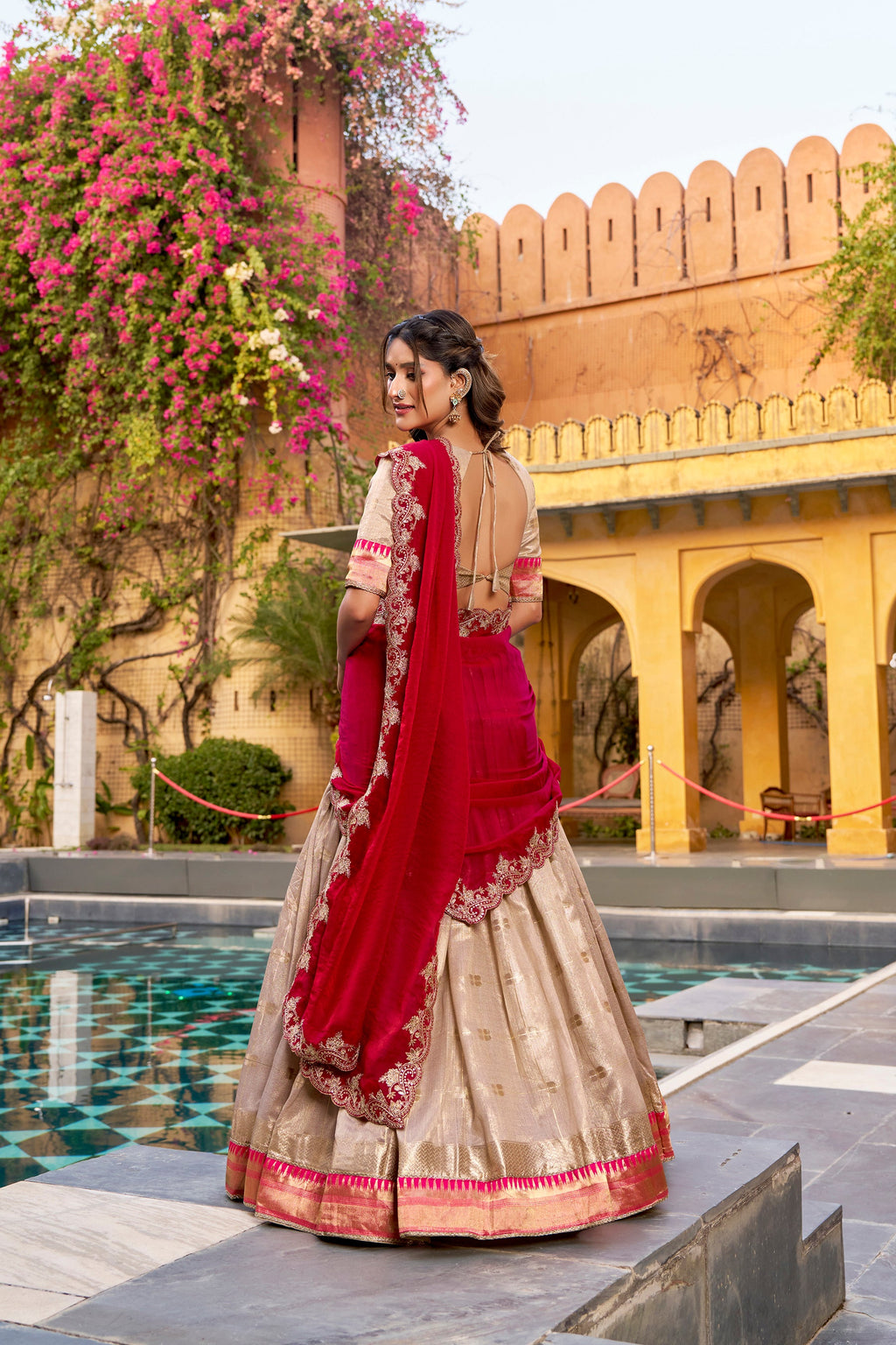 Cream Slub Kota Zari Weaving Lehenga Choli with Paithani Border