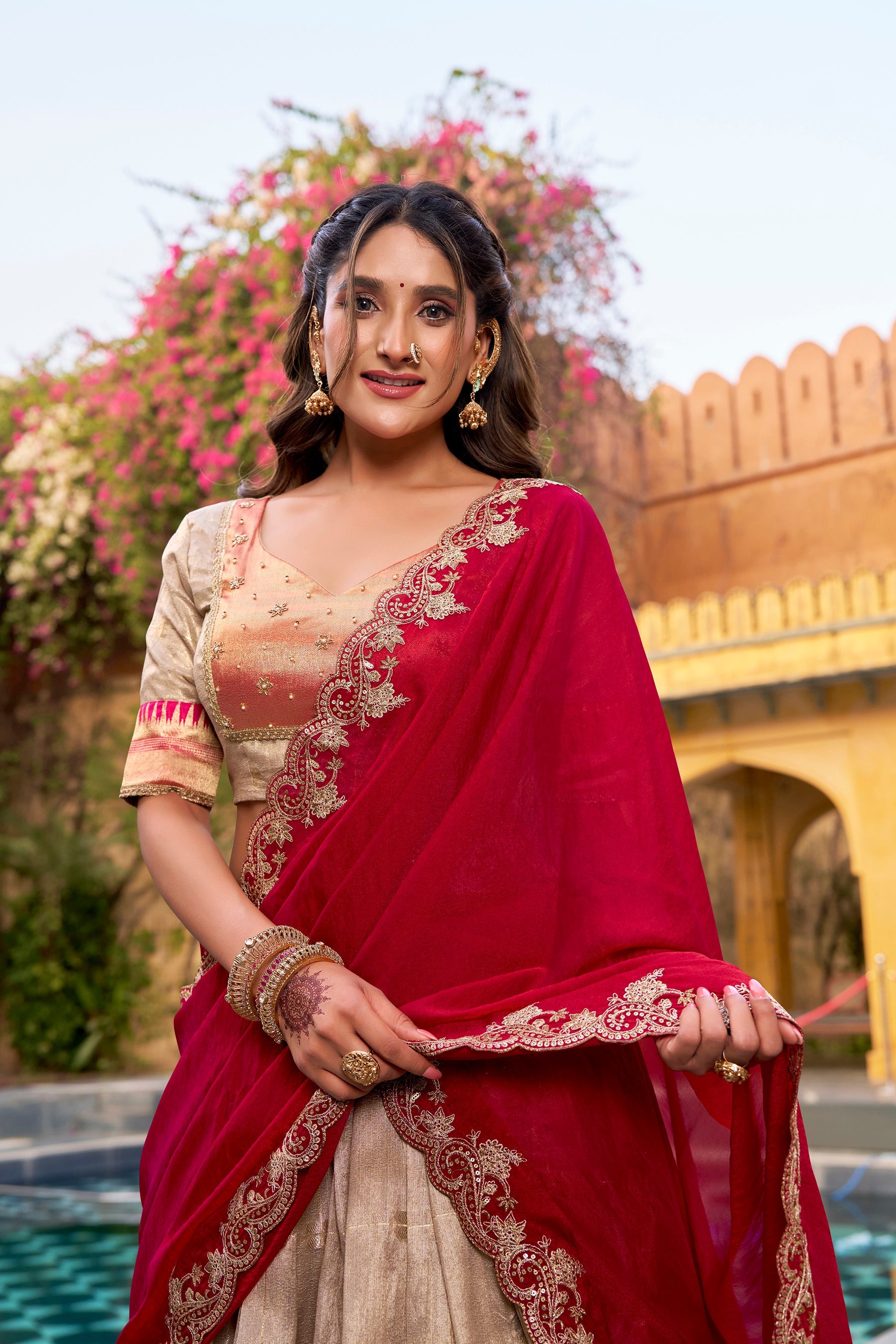 Cream Slub Kota Zari Weaving Lehenga Choli with Paithani Border