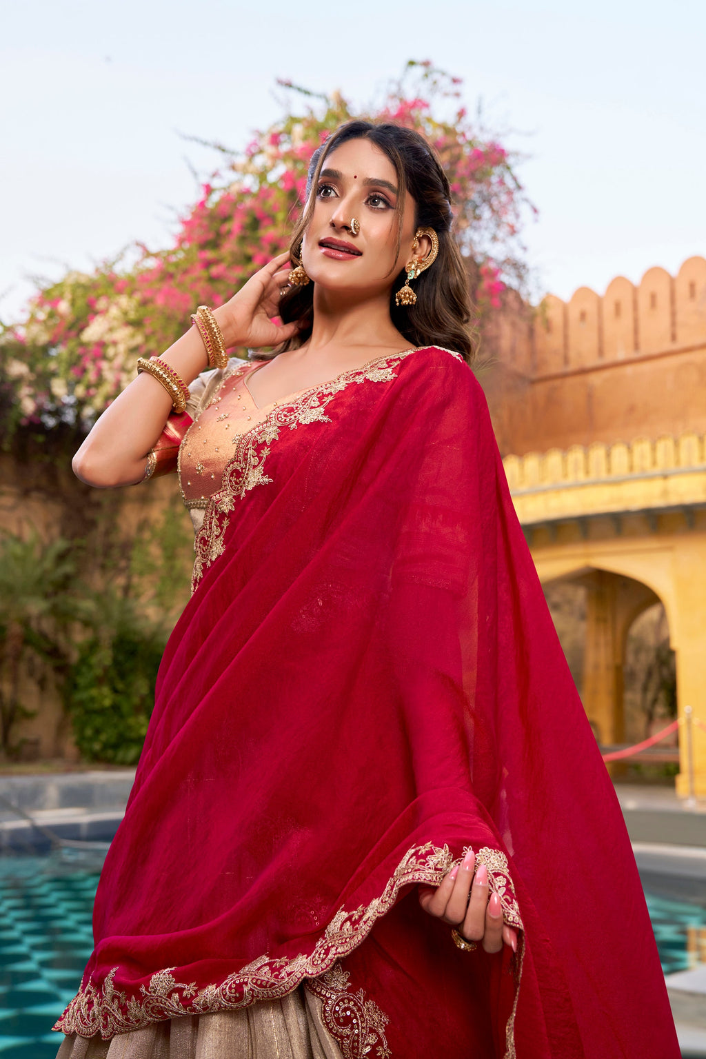 Cream Slub Kota Zari Weaving Lehenga Choli with Paithani Border
