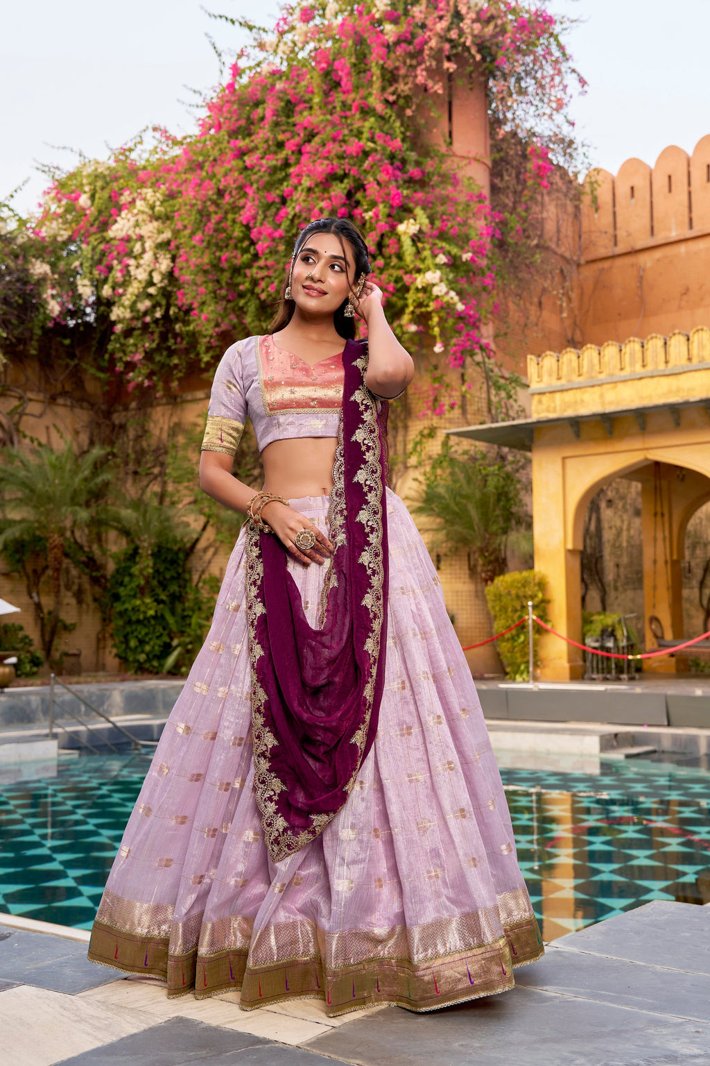 Pink Slub Kota Lehenga Choli with intricate gold Zari weaving and traditional Paithani Jacquard border