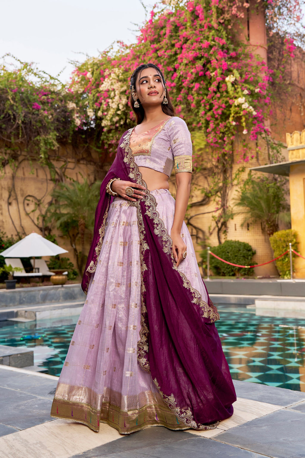 Pink Slub Kota Zari Weaving Lehenga Choli with Paithani Border