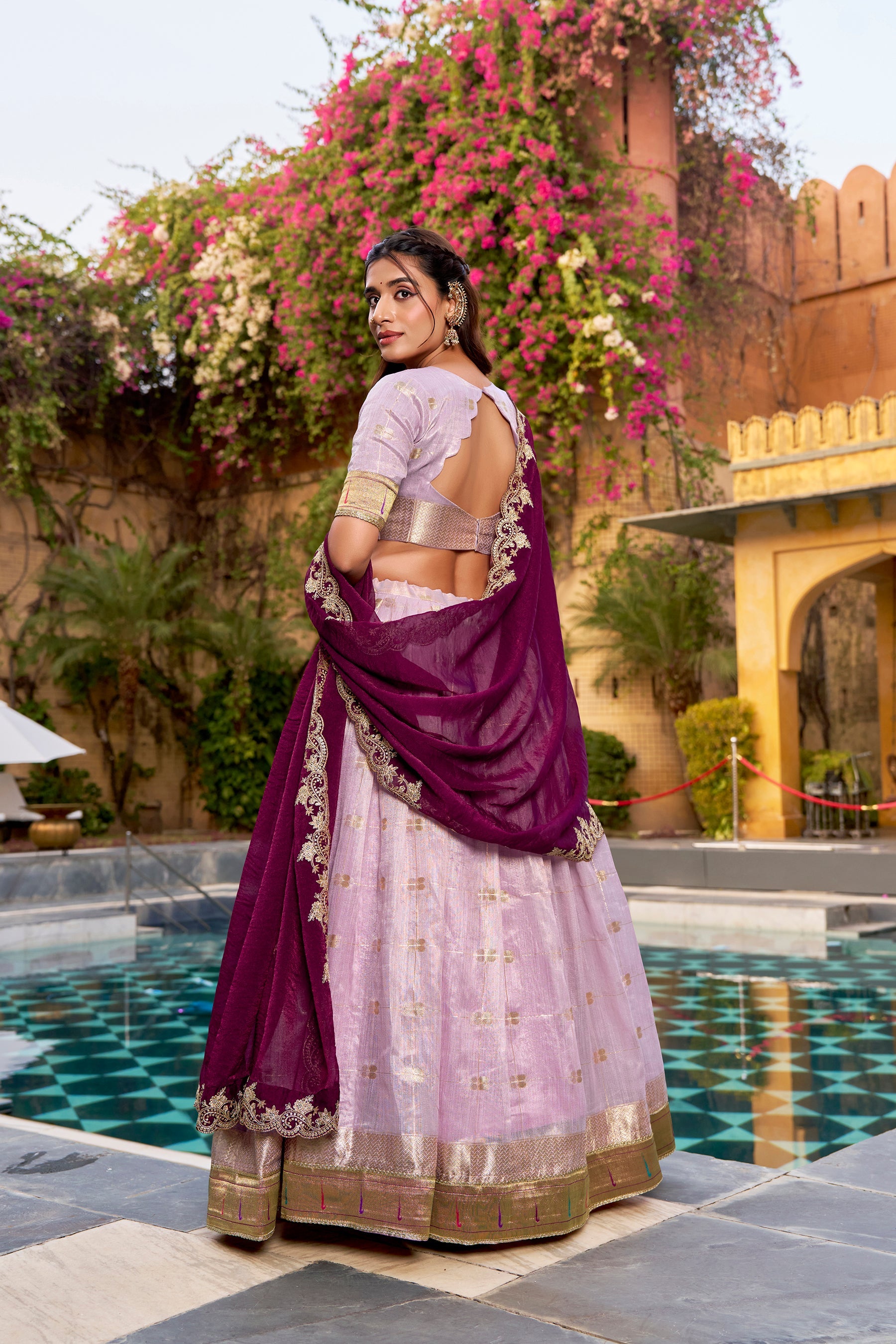 Pink Slub Kota Zari Weaving Lehenga Choli with Paithani Border
