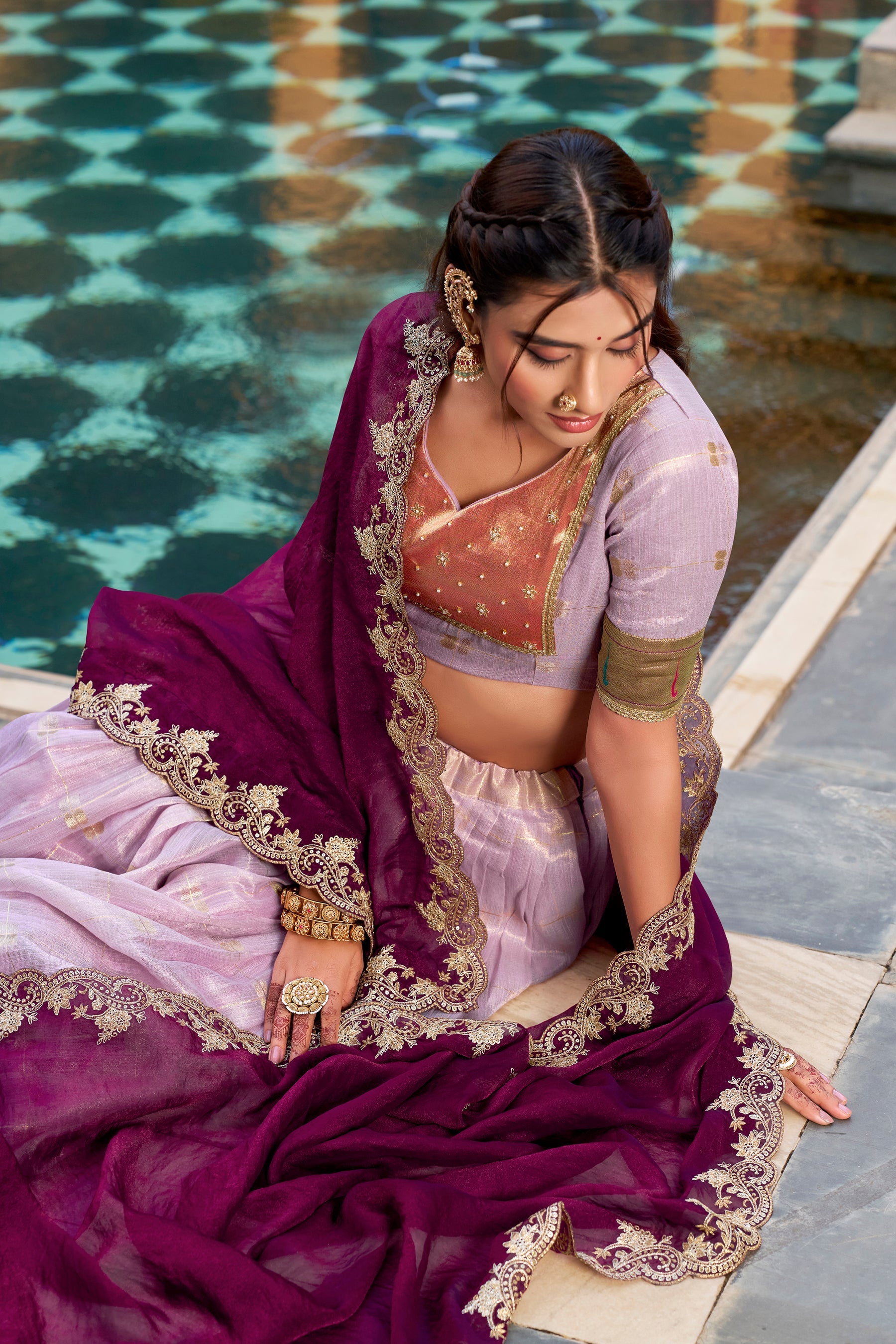 Pink Slub Kota Zari Weaving Lehenga Choli with Paithani Border