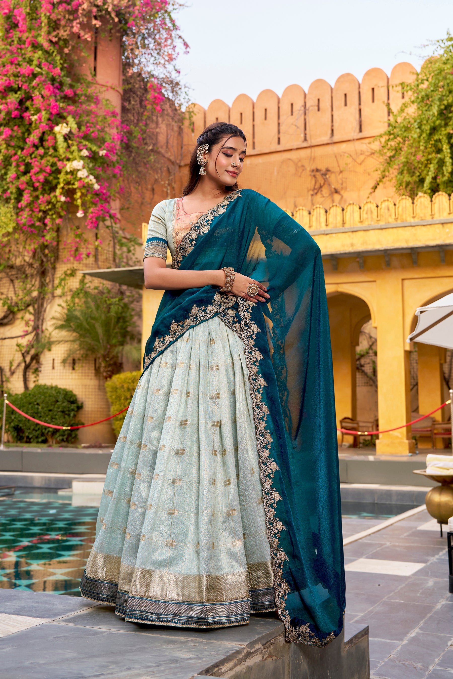 Skyblue Slub Kota Lehenga Choli with Paithani Jacquard Border