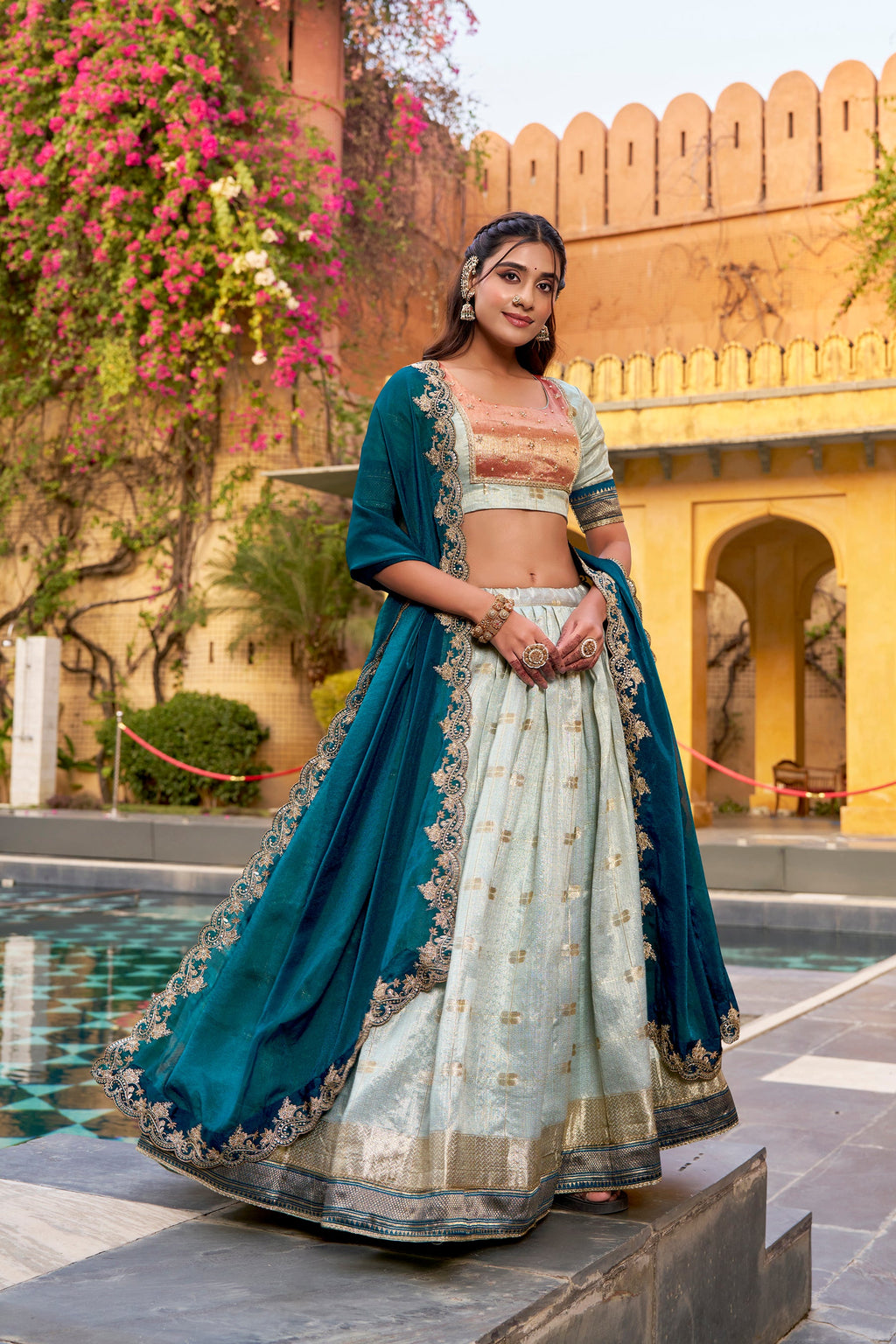 Skyblue Slub Kota Lehenga Choli with Paithani Jacquard Border