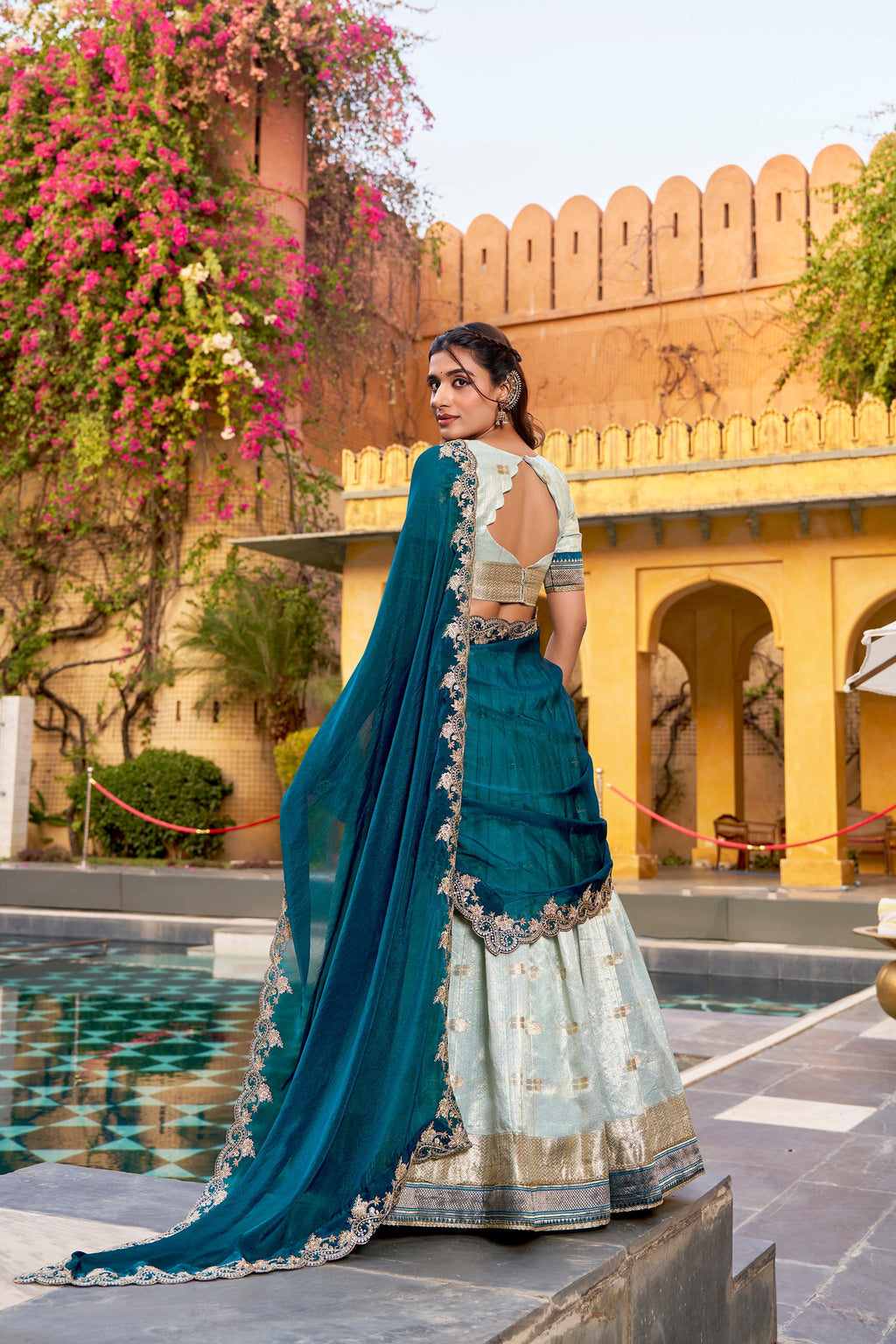 Skyblue Slub Kota Lehenga Choli with Paithani Jacquard Border
