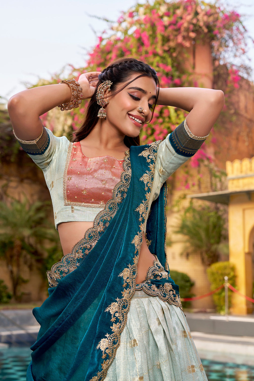 Skyblue Slub Kota Lehenga Choli with Paithani Jacquard Border