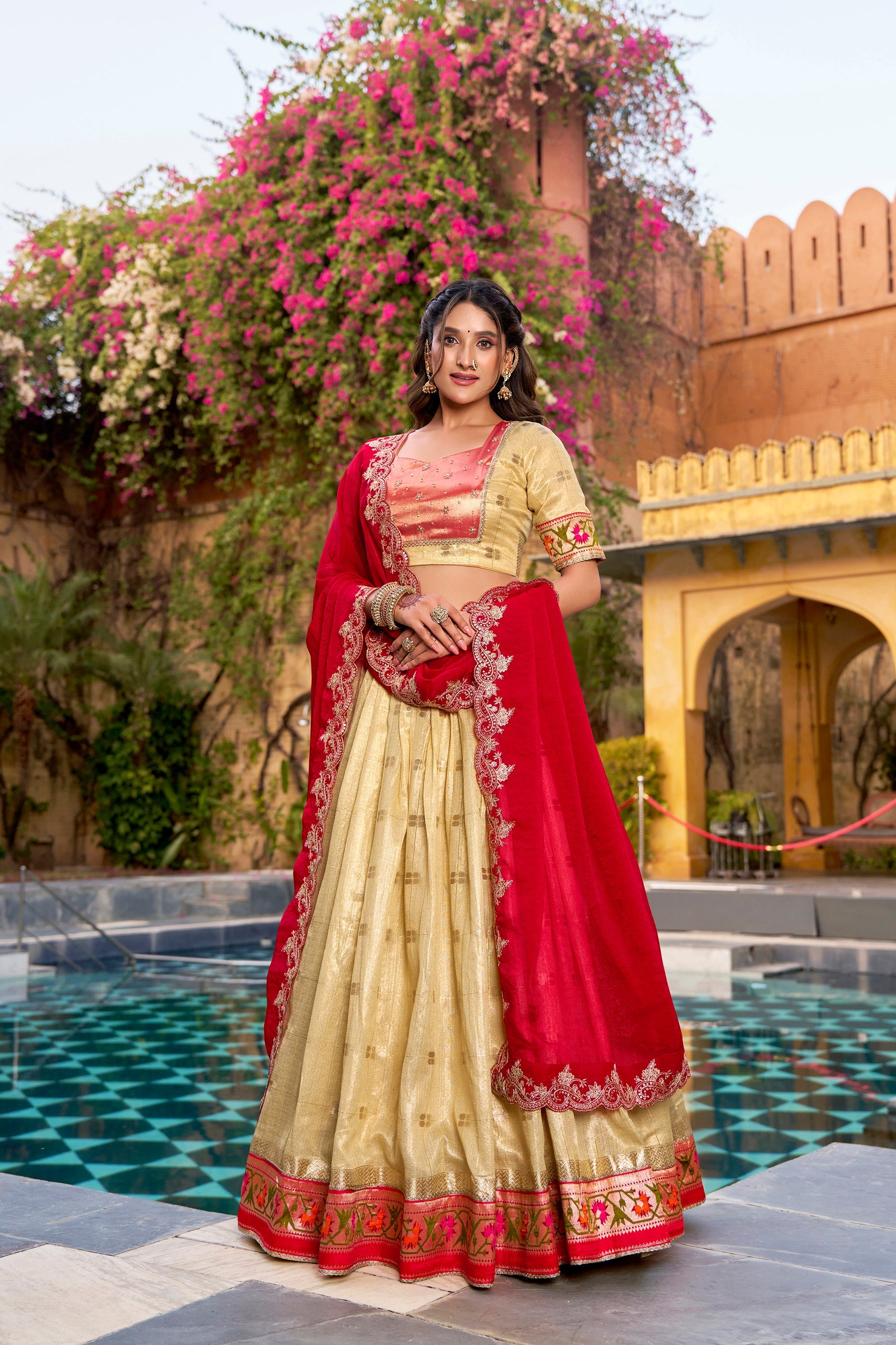 Yellow Slub Kota Lehenga Choli with Paithani Border and Zari Work