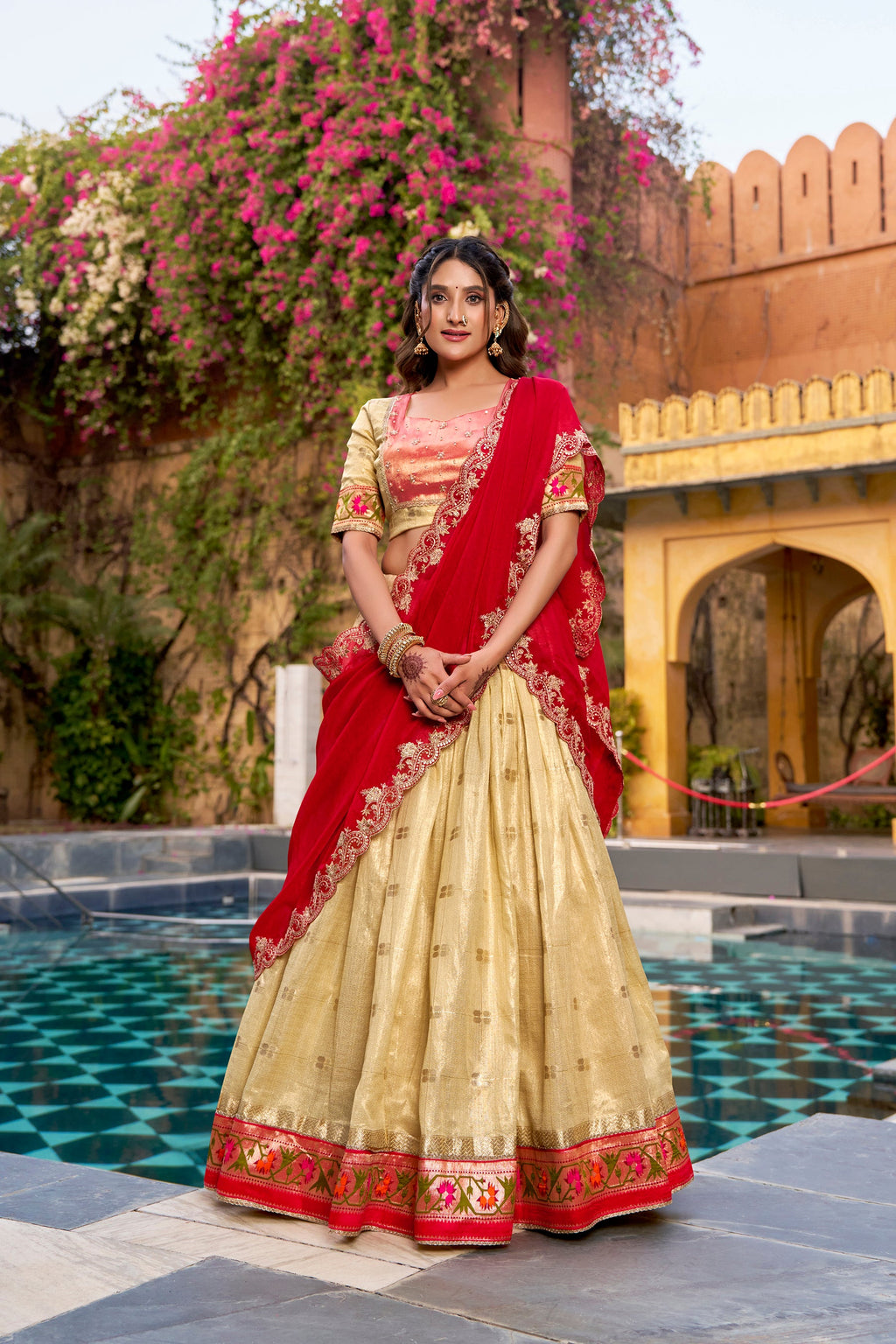Yellow Slub Kota lehenga choli with Zari weaving and Paithani Jacquard border
