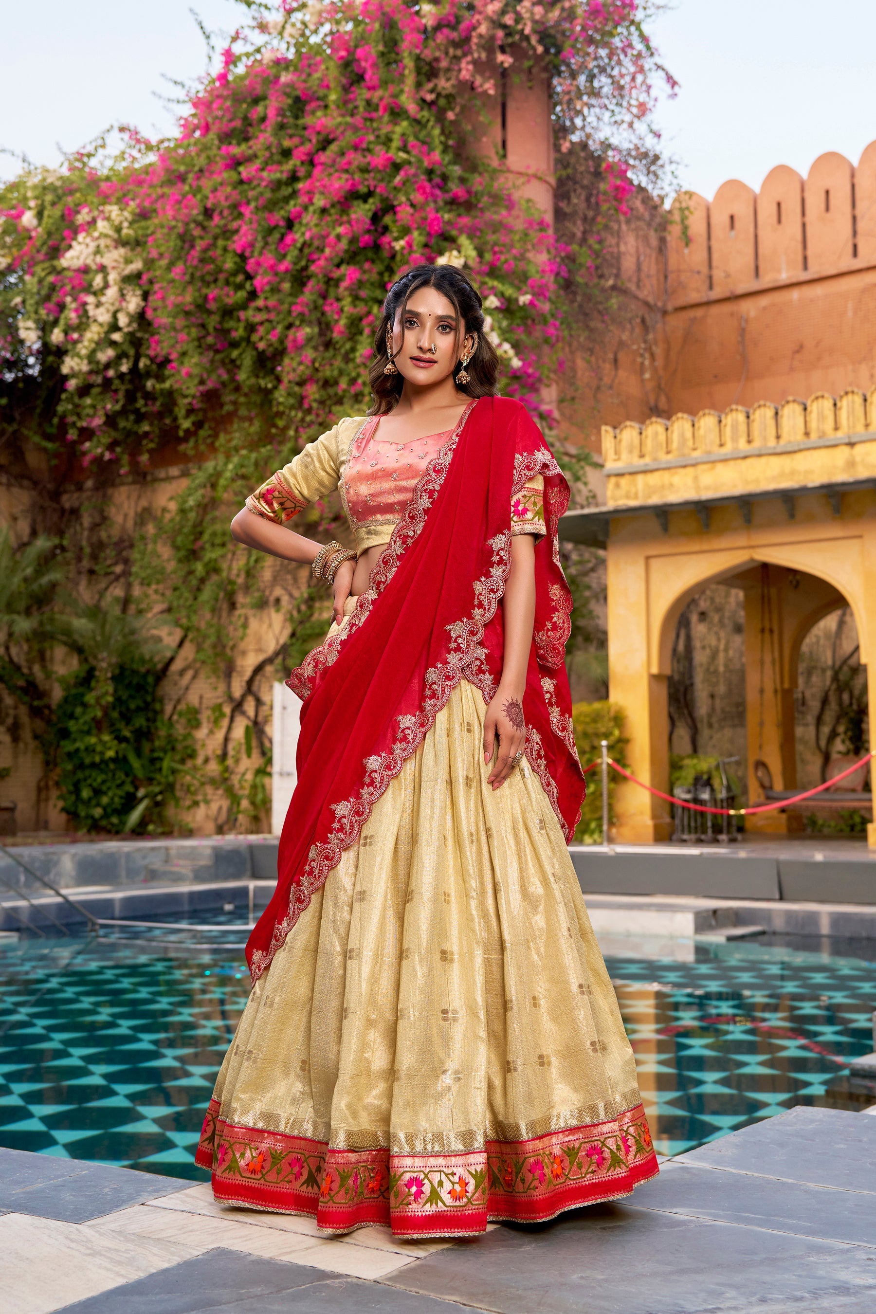 Yellow Slub Kota Lehenga Choli with Paithani Border and Zari Work