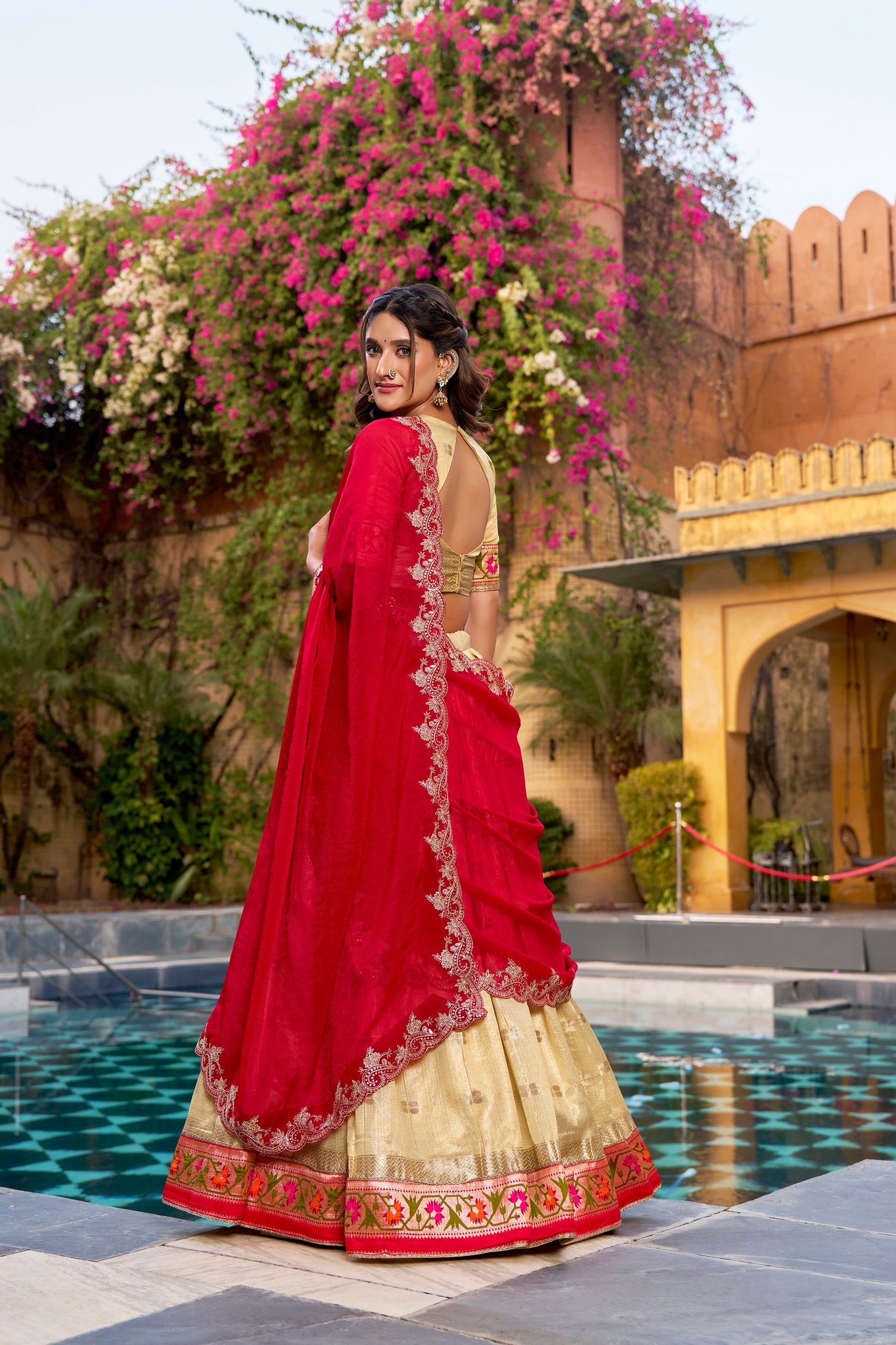 Yellow Slub Kota Lehenga Choli with Paithani Border and Zari Work