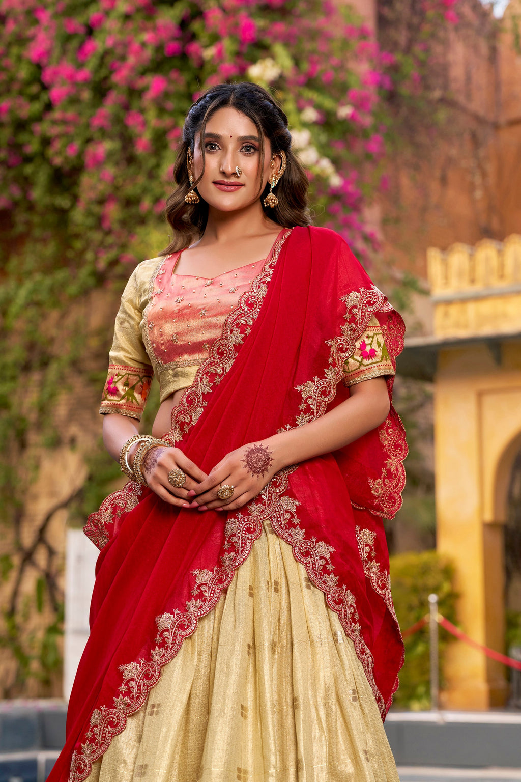 Yellow Slub Kota Lehenga Choli with Paithani Border and Zari Work