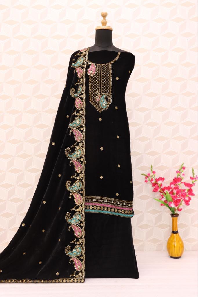 Black Velvet Embroidered Salwar Suit Material with Sequence Work