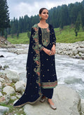 Royal blue velvet fabric featuring elegant embroidery and sequence work for salwar suits
