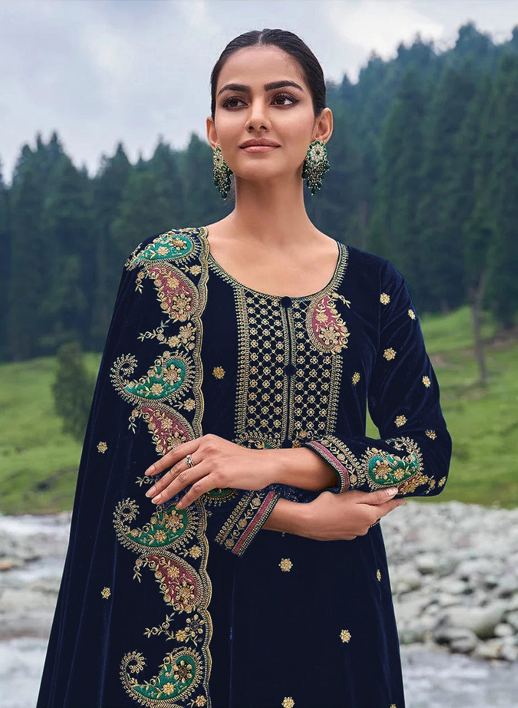 Blue Velvet Embroidered Salwar Suit Material with Sequence Work