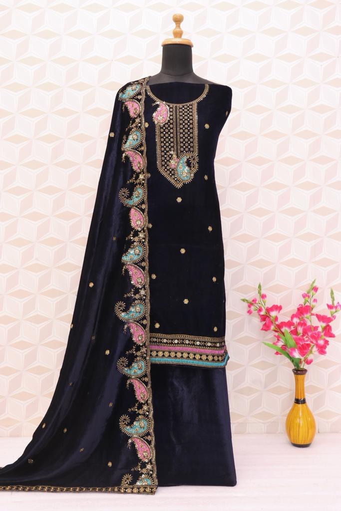 Blue Velvet Embroidered Salwar Suit Material with Sequence Work