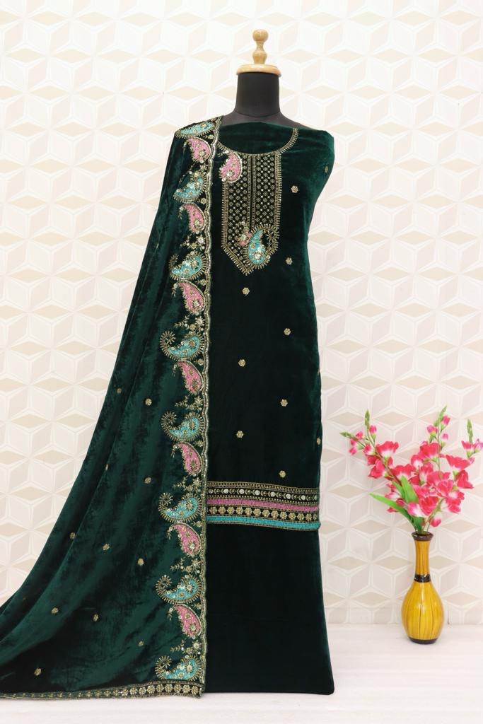 Women Green Velvet Embroidered Unstitched Salwar Suit Material