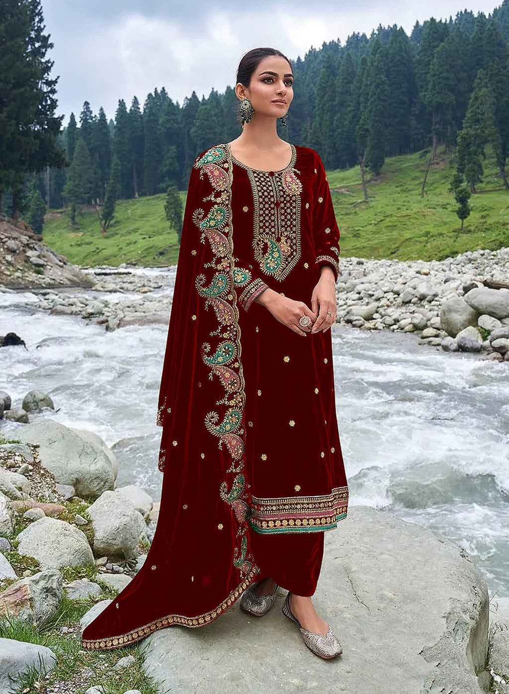 Elegant maroon velvet unstitched suit fabric with detailed embroidery and sequins
