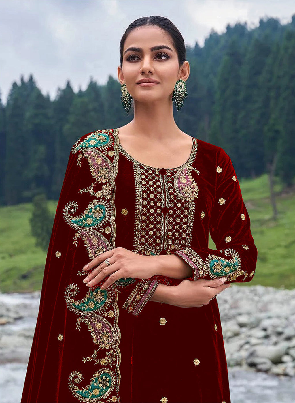 Maroon Velvet Embroidered Salwar Suit Material with Sequence Work