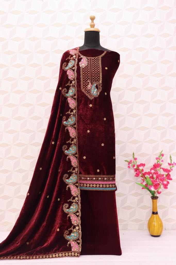 Maroon Velvet Embroidered Salwar Suit Material with Sequence Work