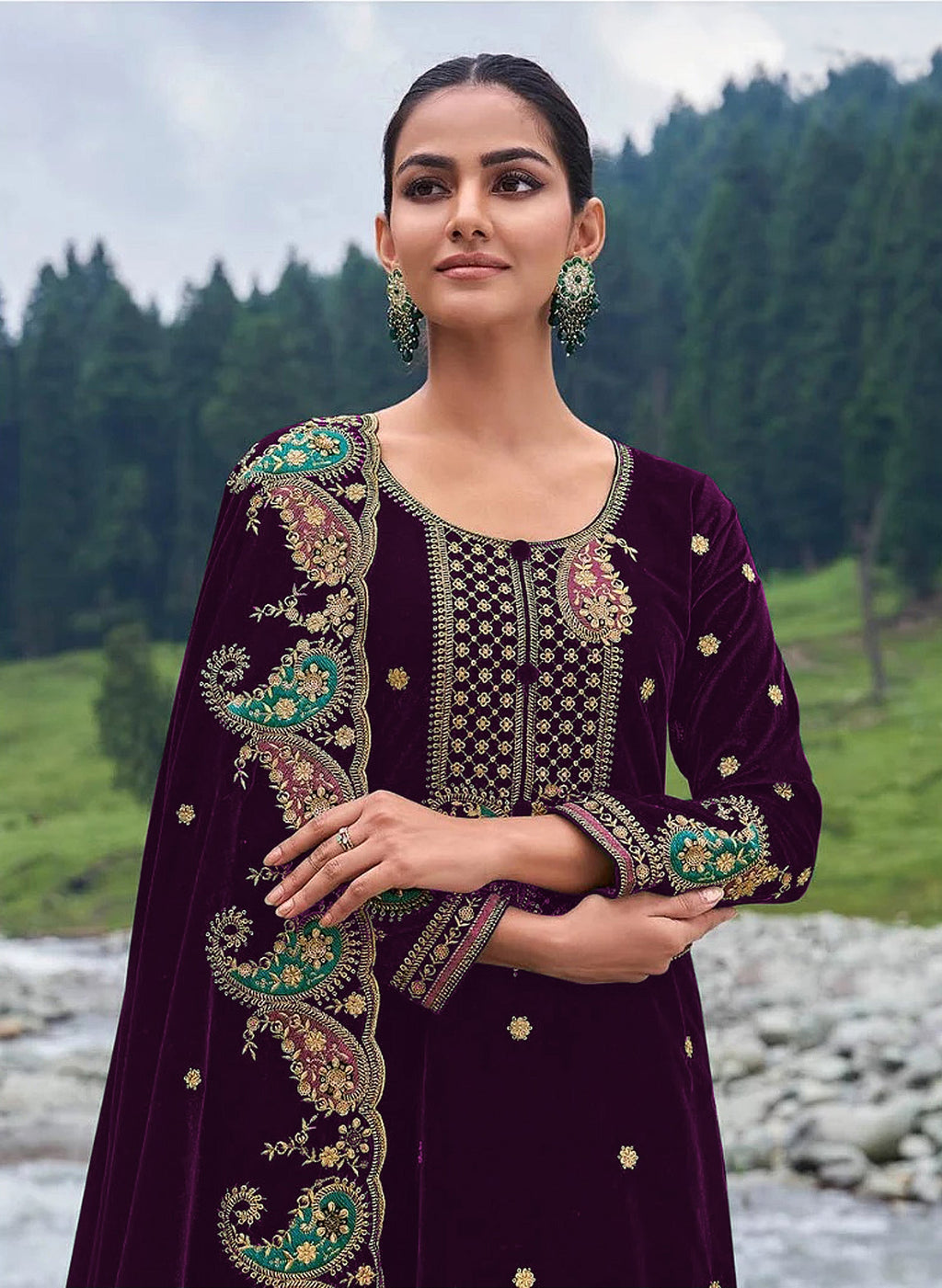 Women Purple Velvet Embroidered Salwar Suit Dress Material