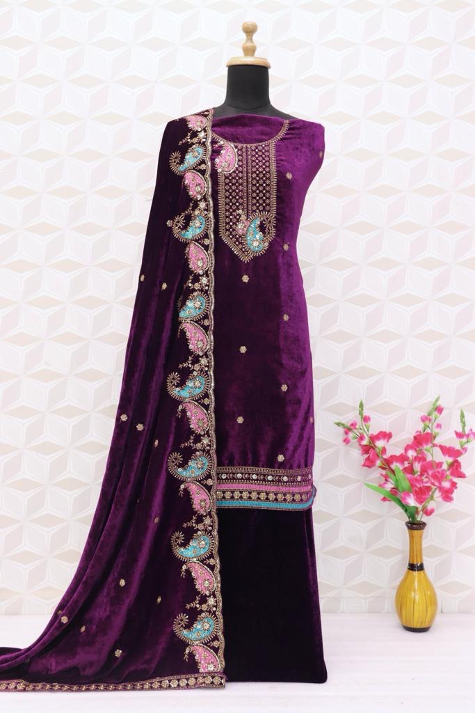 Women Purple Velvet Embroidered Salwar Suit Dress Material