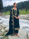 Rama teal velvet salwar suit material with gold embroidery and sequence work